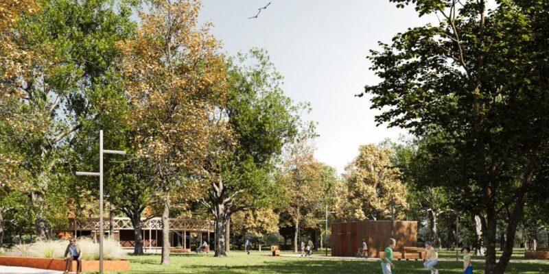 Wizualizacja drugiego etapu Parku Pokoju w Oświęcimiu – zielona przestrzeń rekreacyjna z drzewami, alejkami, elementami małej architektury i strefami wypoczynku dla mieszkańców.