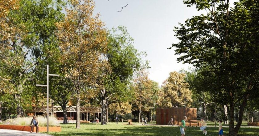 Wizualizacja drugiego etapu Parku Pokoju w Oświęcimiu – zielona przestrzeń rekreacyjna z drzewami, alejkami, elementami małej architektury i strefami wypoczynku dla mieszkańców.