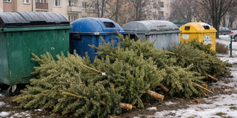 Zużyte choinki świąteczne ułożone przy altanie śmietnikowej obok kolorowych pojemników na odpady na jednym z oświęcimskich osiedli zimą.