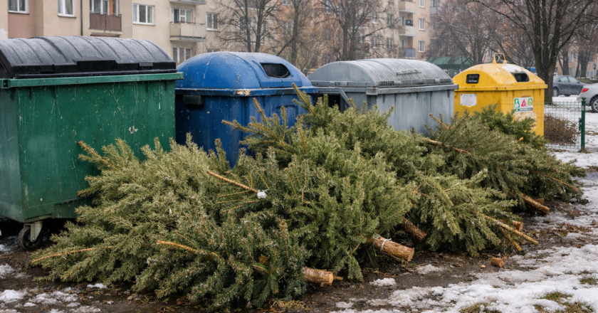 Zużyte choinki świąteczne ułożone przy altanie śmietnikowej obok kolorowych pojemników na odpady na jednym z oświęcimskich osiedli zimą.