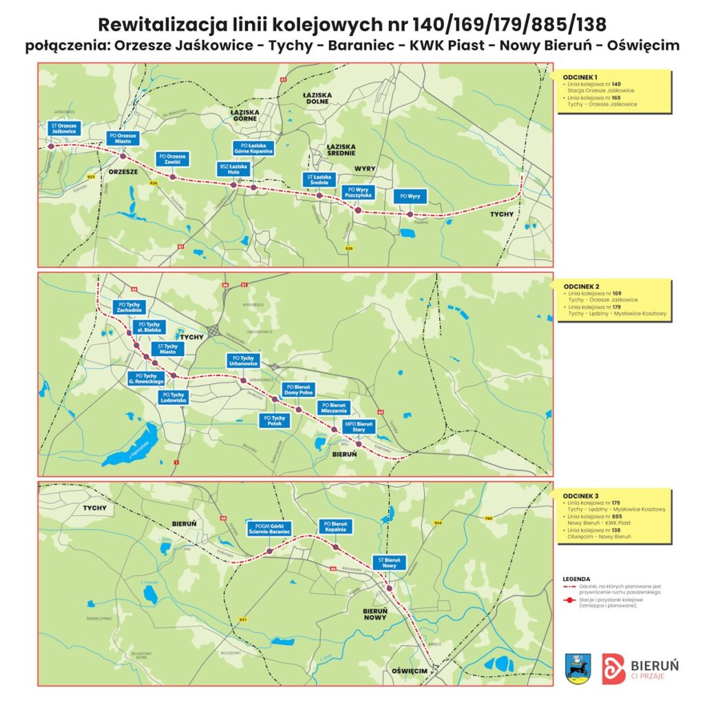 Mapa planowanej rewitalizacji linii kolejowej na trasie Orzesze Jaśkowice – Tychy – Bieruń – Oświęcim, z zaznaczonym przebiegiem połączenia i planowanymi przystankami.