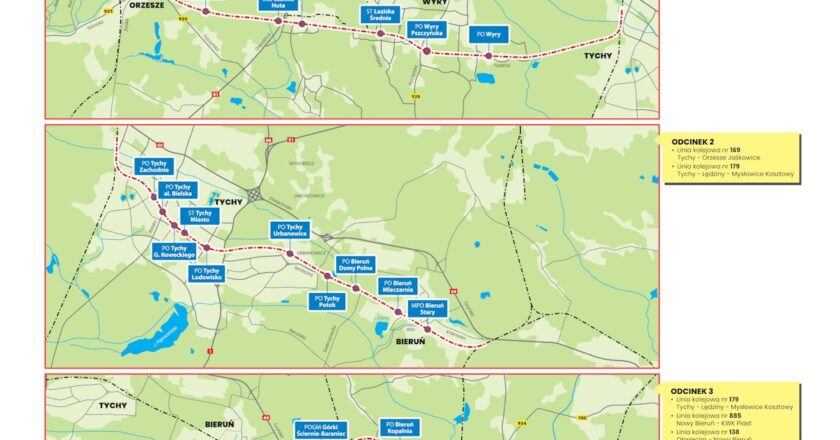 Mapa planowanej rewitalizacji linii kolejowej na trasie Orzesze Jaśkowice – Tychy – Bieruń – Oświęcim, z zaznaczonym przebiegiem połączenia i planowanymi przystankami.