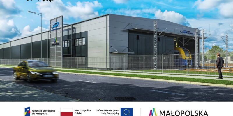 Wizualizacja budowa zaplecze techniczne Koleje Małopolskie stacja Oświęcim hala napraw tabor kolejowy 2026