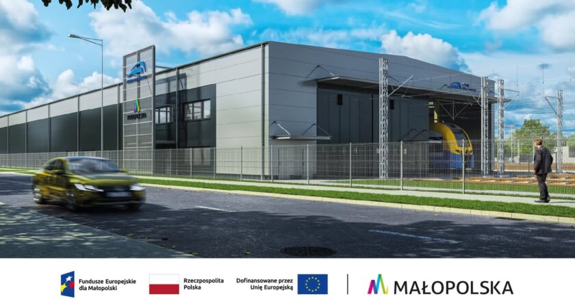 Wizualizacja budowa zaplecze techniczne Koleje Małopolskie stacja Oświęcim hala napraw tabor kolejowy 2026