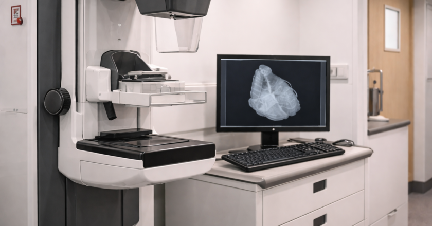 Nowoczesny aparat do mammografii w pracowni diagnostycznej – urządzenie rentgenowskie do badań piersi z monitorem wyświetlającym obraz mammograficzny, wykorzystywane w programie profilaktyki raka piersi finansowanym przez NFZ.