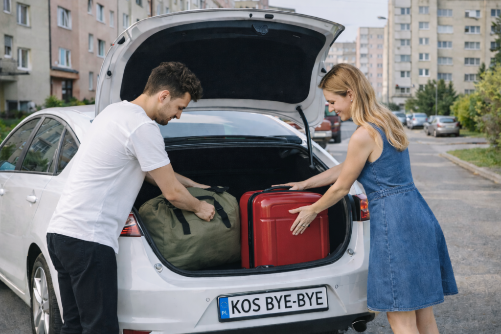 młodzi mieszkańcy Oświęcimia pakują swoje walizki do samochodu pod blokiem wyjeżdżają z miasta do Krakowa i Katowic