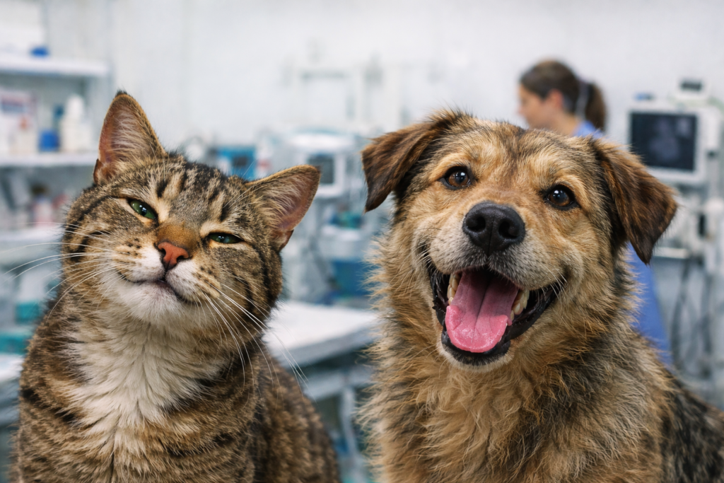 Kot i pies w gabinecie weterynaryjnym – zwierzęta przygotowywane do zabiegu sterylizacji lub kastracji
