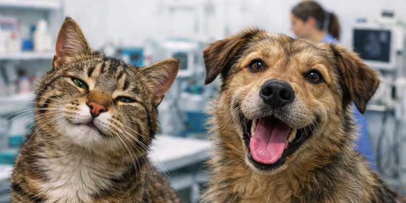 Kot i pies w gabinecie weterynaryjnym – zwierzęta przygotowywane do zabiegu sterylizacji lub kastracji