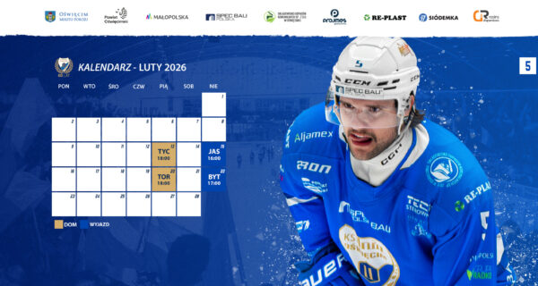 Grafika z kalendarzem meczów hokejowej Unii Oświęcim na luty 2026 z wizerunkiem zawodnika w niebieskim stroju.
