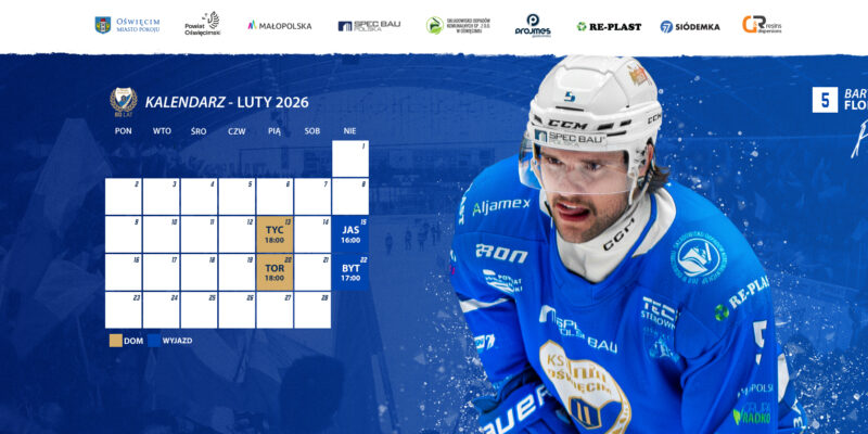 Grafika z kalendarzem meczów hokejowej Unii Oświęcim na luty 2026 z wizerunkiem zawodnika w niebieskim stroju.