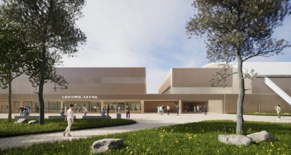 Wizualizacja nowej hali lodowej w Oświęcimiu – nowoczesny kompleks sportowy z jasną, drewnianą elewacją, przestronnym placem wejściowym i zielenią, po którym poruszają się mieszkańcy i sportowcy.