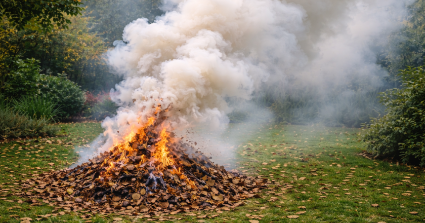Zakaz spalania liści bioodpadów Brzeszcze policja ognisko mandat 5000 złotych 82-latka pouczenie 2026